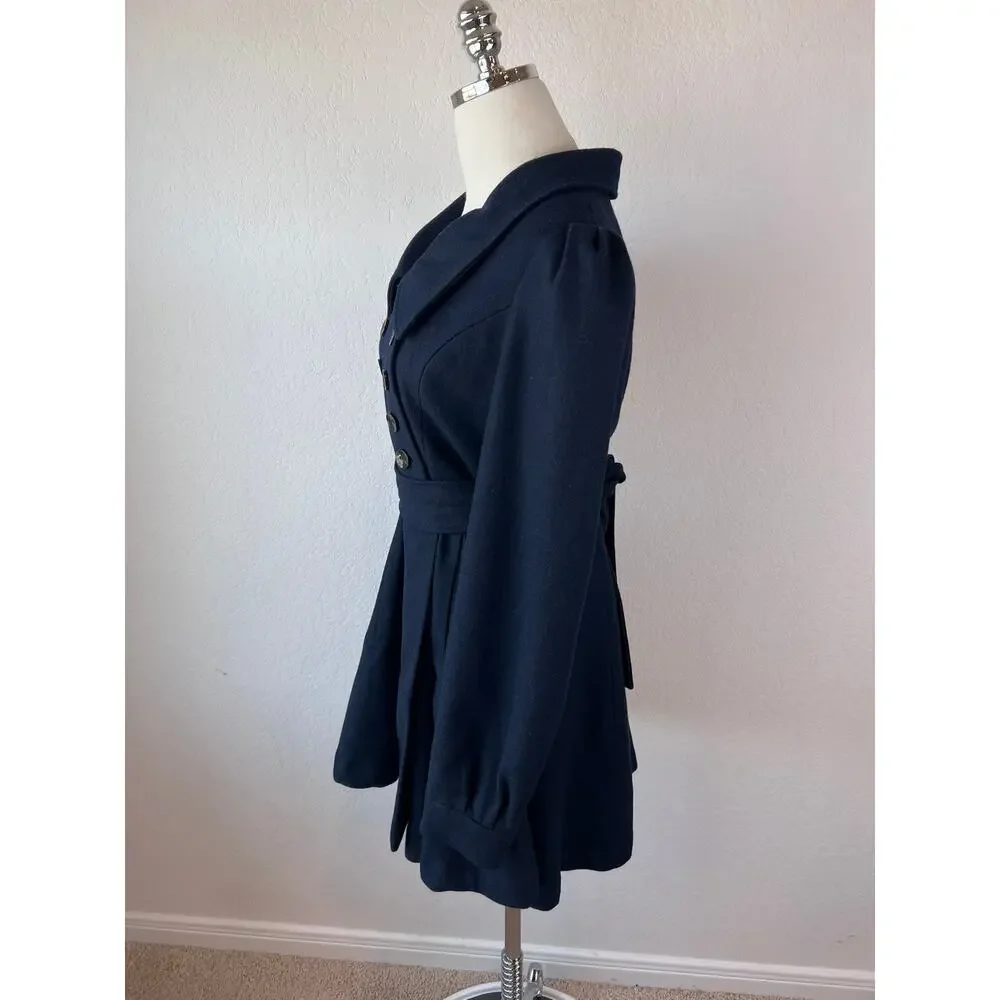 Vintage Y2K Forever 21 Navy Wool Blend Pea Coat size Large Belted - Picture 4 of 6